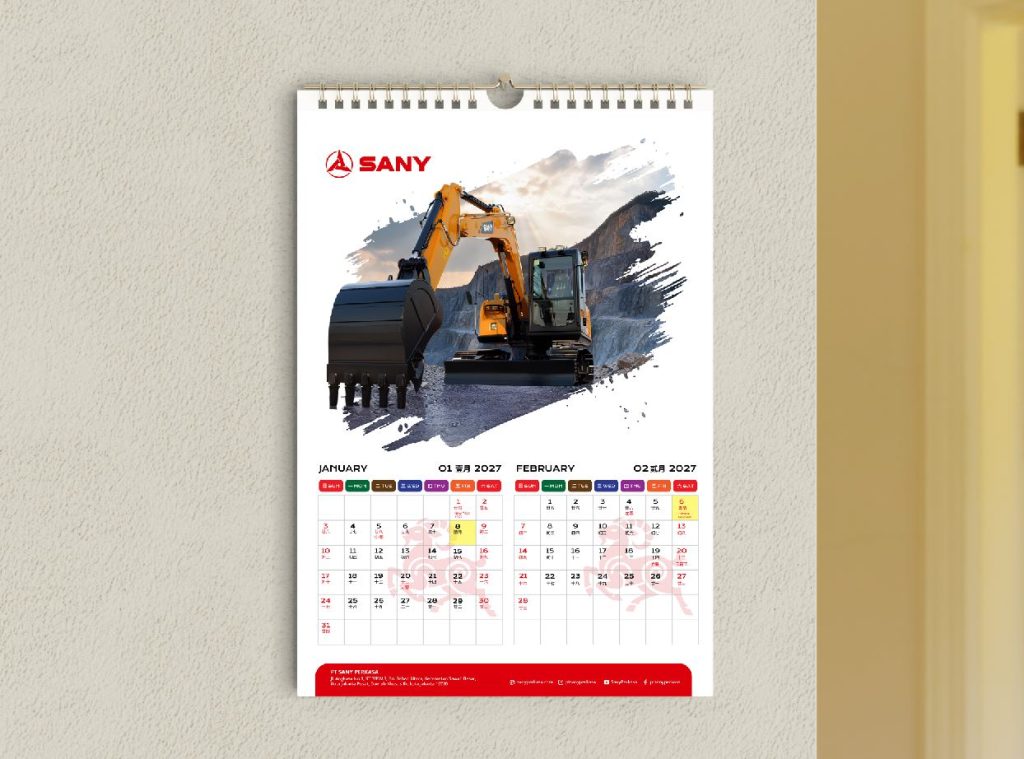 Desain kalender perusahaan 2027 dengan branding logo dan produk